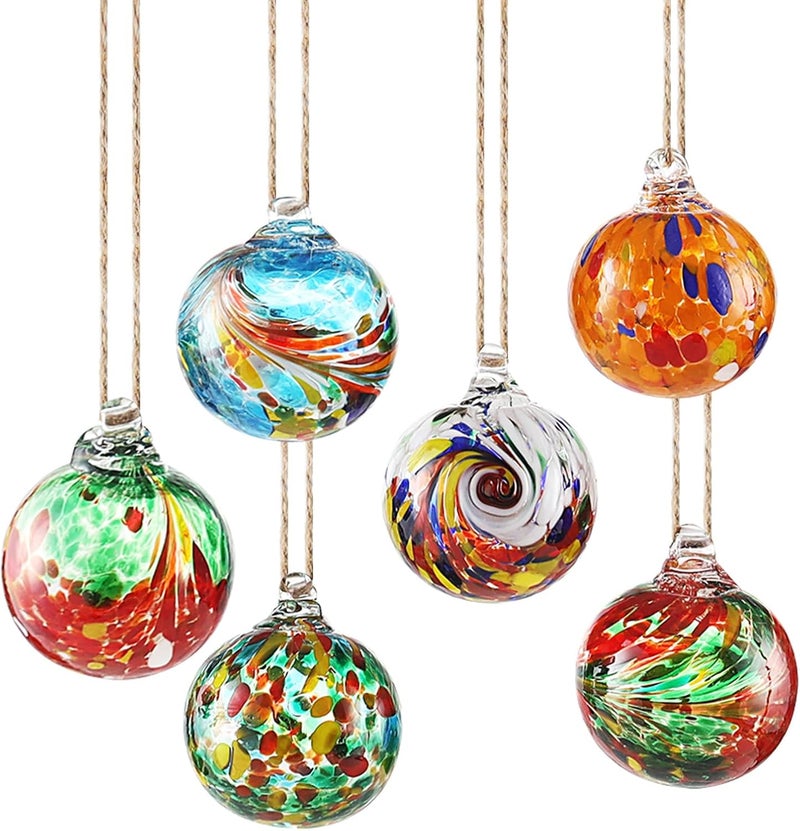 VOREEN 6-Pack Blown Glass Christmas Ornaments, 2.56" Handblown Hanging Glass Gazing Balls for Christmas Tree Decoration, Holiday Ornament Gift Set（Colorful Festival Mix） - Image 1